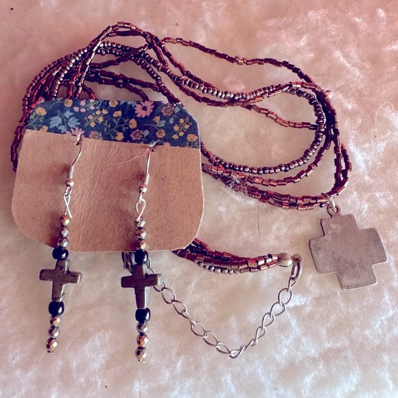 Bronze Neutral Hematite Cross Jewelry Set - Picture 1 of 11